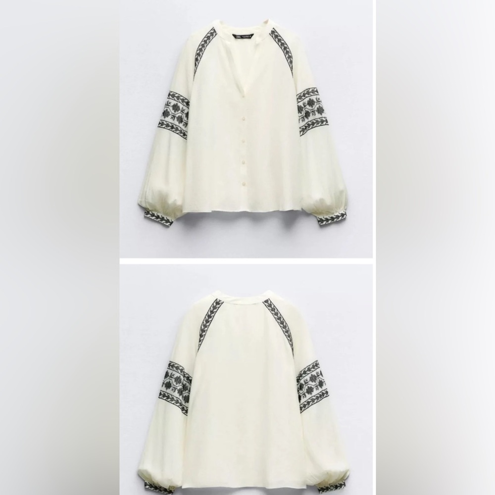 Zara NWT Woman Embroidered shirt with contrast in white & navy blue Size XL!